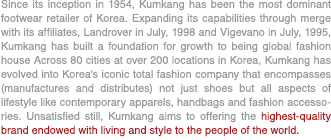 Since its inception in 1954, Kumkang has been the most dominant footwear retailer of Korea. Expanding its capabilities through merge with its affiliates, Landrover in July, 1998 and Vigevano in July, 1995, Kumkang has built a foundation for growth to being global fashion house Across 80 cities at over 200 locations in Korea, Kumkang has evolved into Korea's iconic total fashion company that encompasses (manufactures and distributes) not just shoes but all aspects of lifestyle like contemporary apparels, handbags and fashion accessories. Unsatisfied still, Kumkang aims to offering the highest-quality brand endowed with living and style to the people of the world.