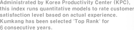 Administrated by Korea Productivity Center (KPC), this index runs quantitative models to rate customer satisfaction level based on actual experience. Kumkang has been selected 'Top Rank' for 3 consecutive years. 